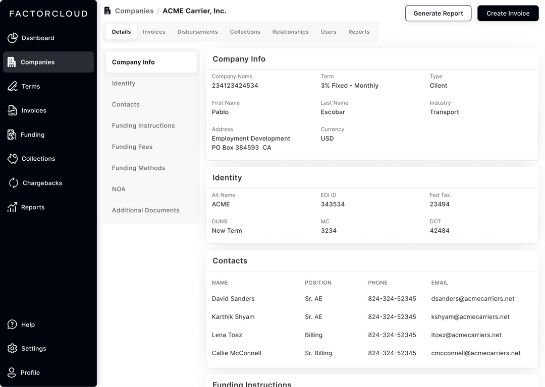 FactorCloud dashboard , Quick Peek invoice view